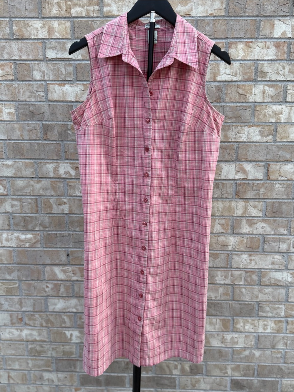 Vintage 90s Cherokee Pink Plaid Sleeveless Button Front Shirt Dress Size M - Picture 9 of 14